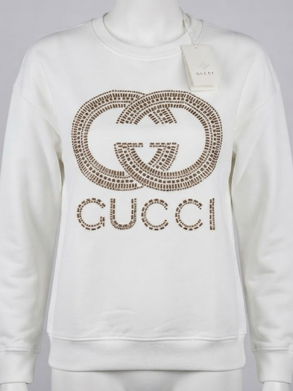 New Hand Made White Sweatshirt with Metallic Gold Logo Studs